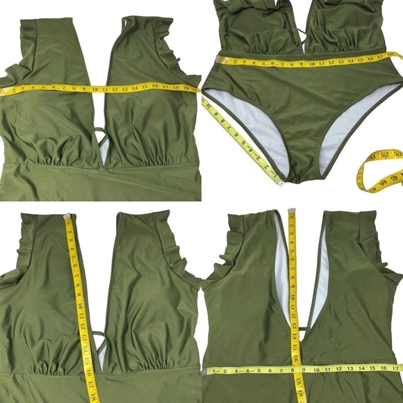 Olive Green One Piece Swim Suit Size 3X Plunging V-Neck Open Back Flutter Sleeve - Picture 7 of 16